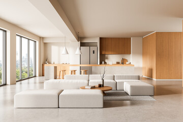 Modern minimalist interior design of open space living room and kitchen with natural wood and neutral tones in daylight environment. 3D Rendering