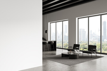 Minimalist interior with blank wall for poster mockup and modern city view through large windows in...