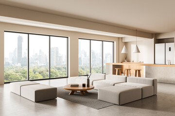 Modern minimalist living room and kitchen interior with panoramic city view and neutral tones in...