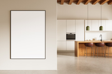 Blank framed poster mockup on beige wall in modern kitchen interior with wooden island, pendant...