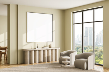 Modern interior room with large blank poster on wall, contemporary furniture, and city view through...