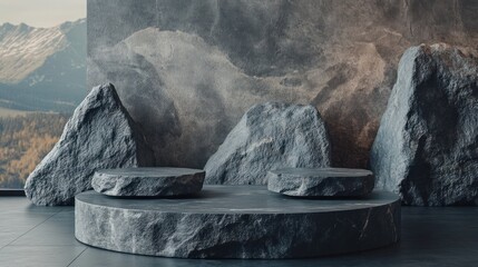 Gray stone podiums with mountain backdrop.