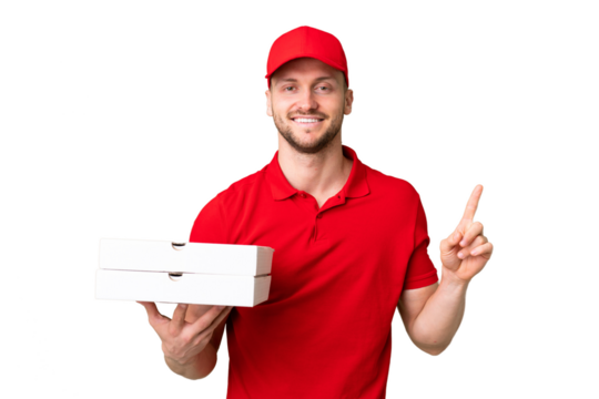 Pizza delivery man with work uniform picking up pizza boxes over isolated chroma key background pointing up a great idea - Powered by Adobe