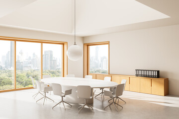 Modern conference room interior with white furniture, large windows, cityscape view, and minimalist design elements in natural lighting. 3D Rendering