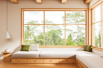 Cozy minimalist interior with large wooden-framed windows and built-in seating overlooking lush...
