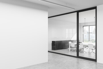 Empty white wall in modern office interior with glass meeting room for poster mockup or design...
