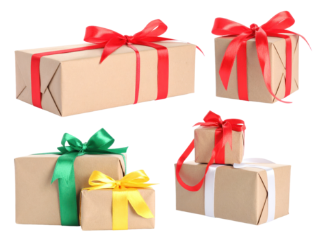 Collection of Wrapped Gift Boxes with Colorful Ribbons against a Transparent Background