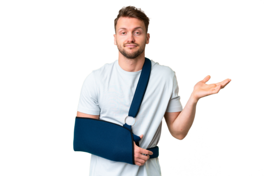 Young caucasian man with broken arm and wearing a sling over isolated chroma key background having doubts while raising hands