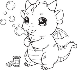 Cute Dragon Blowing Bubbles Coloring Page Illustration