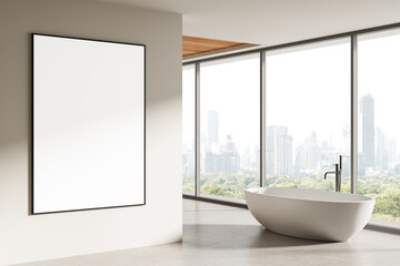 Modern bathroom interior with large blank poster on clean wall near tub and panoramic city view...