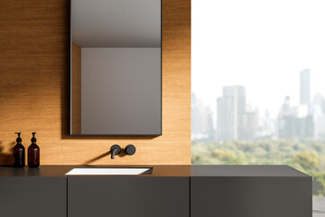 Modern bathroom vanity with matte fixtures and wooden wall paneling in urban apartment interior design concept with city view from large window. 3D Rendering