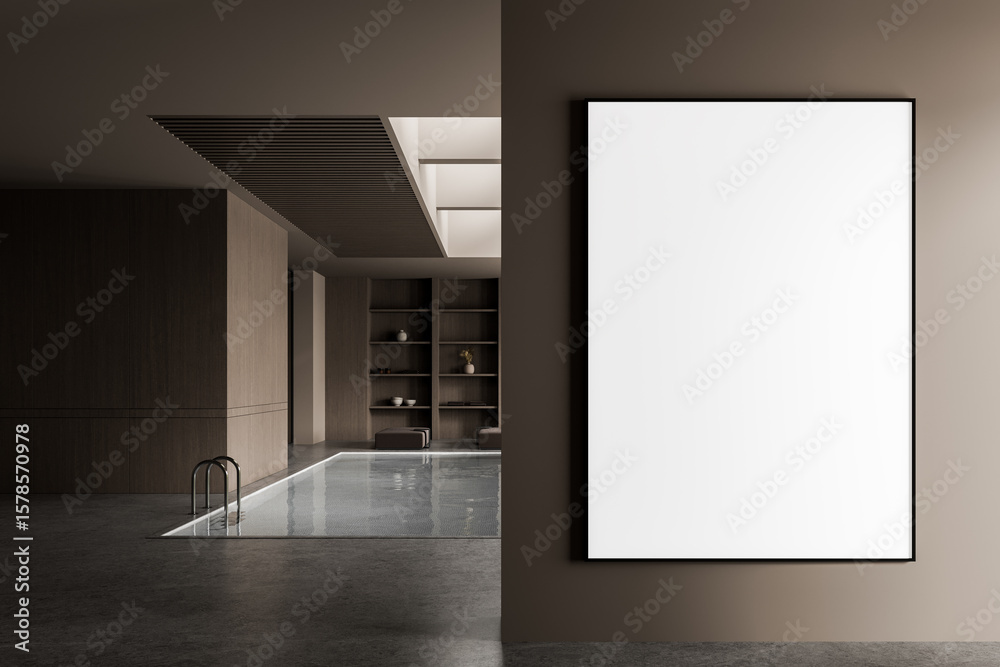 Fototapete blank poster mockup in modern luxury interior with pool and wooden elements, ideal for clean brandin