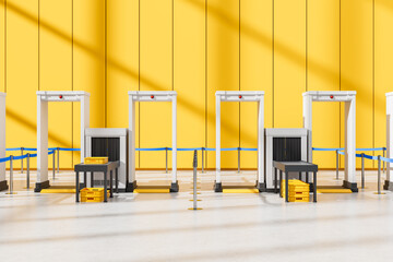 Modern airport security checkpoint with metal detectors and luggage scanners in a spacious hall...