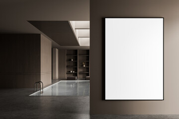 Blank poster mockup in modern luxury interior with pool and wooden elements, ideal for clean...