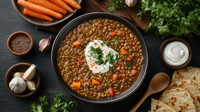 Lentil soup with yogurt topping and vegetables