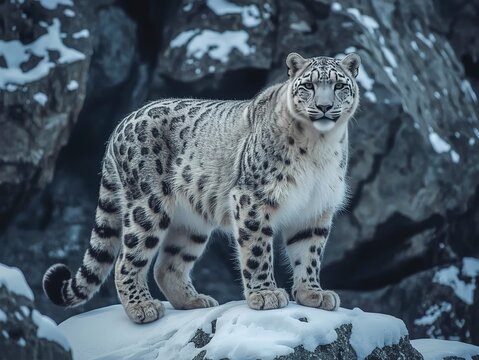 Majestic snow leopard poses atop a snow-covered rock, exhibiting its striking coat and powerful build in a natural setting.