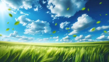 Obraz premium Expansive Green Grass Field under Bright Blue Sky with Falling Leaves