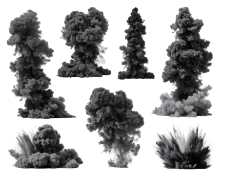 Dramatic Black Smoke Explosions Isolated on White Background Displaying Dynamic Forms and Intense Energy with Abstract Shapes