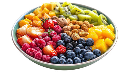 • A vibrant smoothie bowl topped with fresh fruits and nuts, isolated on white background in HD 