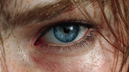 Fototapeta premium close up of a girl blue eye, raw vulnerability, emotional sensitivity,