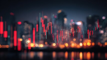 Abstract glowing big data forex candlestick chart on blurry city backdrop. Trade, technology, investment and analysis concept. Double exposure, no logos, no brands