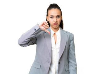 Young Arabian woman over isolated chroma key background showing thumb down with negative expression