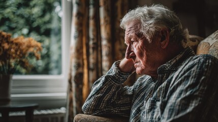 Sad and depressed old man sitting on armchair in living room feeling hurt and lonely. Frustrated senior sitting on sofa at nursing home with head leaning on his hand while looking through the window.