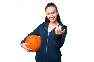 Young Arabian woman over isolated chroma key background playing basketball and doing coming gesture