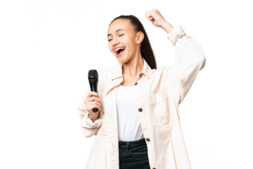 Young singer woman picking up a microphone over isolated chroma key background celebrating a victory