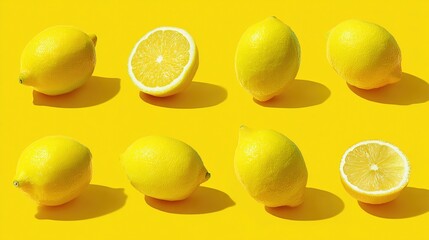 Vibrant Yellow Lemons in a Pattern, Whole and Halved on Bright Sunny Background