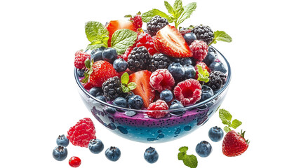 • A vibrant smoothie bowl topped with fresh fruits and nuts, isolated on white background in HD 