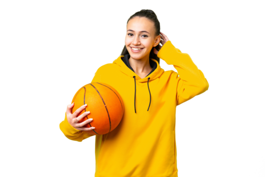Young Arabian woman playing basketball over isolated wall  over isolated chroma key background having doubts