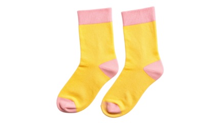 Yellow and pink pastel socks with soft fabric texture and simple design, shown in high resolution. Isolated on a transparent background