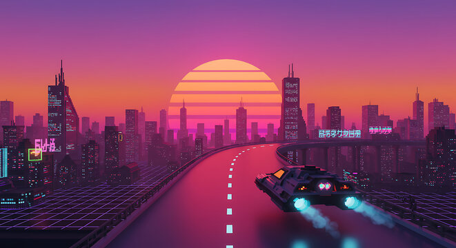 Retro futuristic cityscape sunset with flying car speeding along highway.