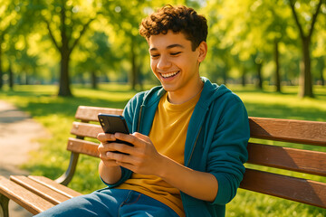 Young man smiling while using a smartphone on a park bench during a sunny day outside