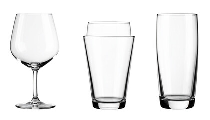 Set of 3 empty glasses in different shapes and styles, made of clear glass with realistic reflections and light refraction. High-resolution PNG cutouts, isolated on a white background