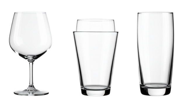 Set of 3 empty glasses in different shapes and styles, made of clear glass with realistic reflections and light refraction. High-resolution PNG cutouts, isolated on a white background