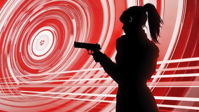 Silhouette of a person with a gun against a red and white abstract background
