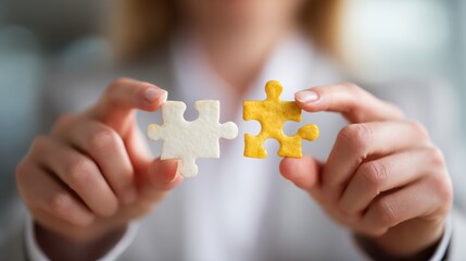 Business woman connecting puzzles, closeup of hands, success concept, no logos, no brands
