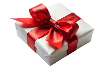 A white gift box with a vibrant red ribbon and bow, isolated on a transparent background