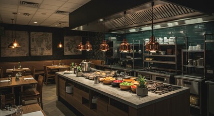 A restaurant kitchen with a large island and copper pendant lights above the serving area and dining space