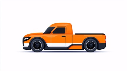 Orange pickup truck illustration, side view, isolated on white background.