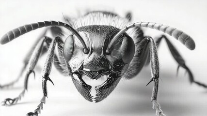 Black and white image showing a furious ant's face close up with beady eyes and mandibles ready for action.