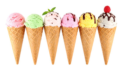 Array Of Six Colorful Ice Cream Cones On Transparent Background With Various Flavors and Toppings Including Raspberry Chocolate and Mint