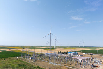 Aerial view of wind turbines with electric power station