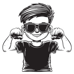 Confident little boy in sunglasses flexing arm muscles, fun and bold vector design