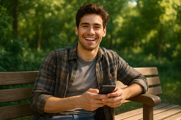 Obraz premium Smiling man holding a smartphone while sitting on a park bench with trees behind him