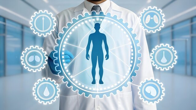 Doctor interacting with futuristic human anatomy digital interface and medical icons

 - Powered by Adobe