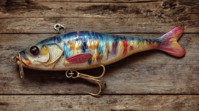 Isca de pesca colorida em um fundo de madeira r&Atilde;&ordm;stica