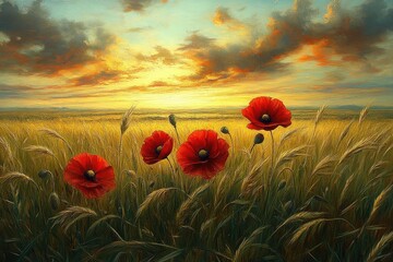 Fototapeta premium A golden field of wheat is dotted with vibrant, red poppies at sunset. Use it for a rural landscape or to convey peace and natural beauty.